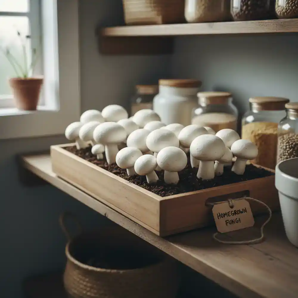 Button mushrooms growing in a soil tray