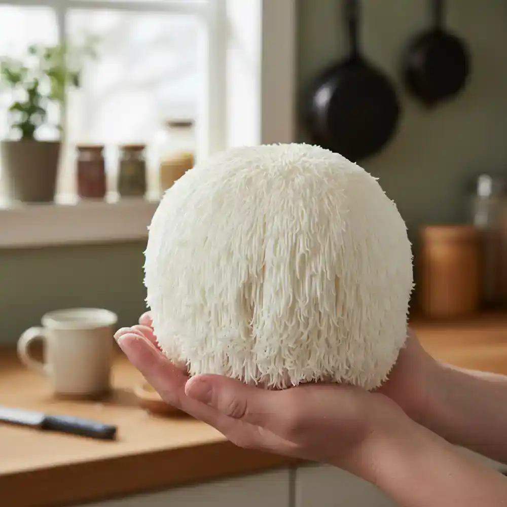 Holding a large lion's mane mushroom
