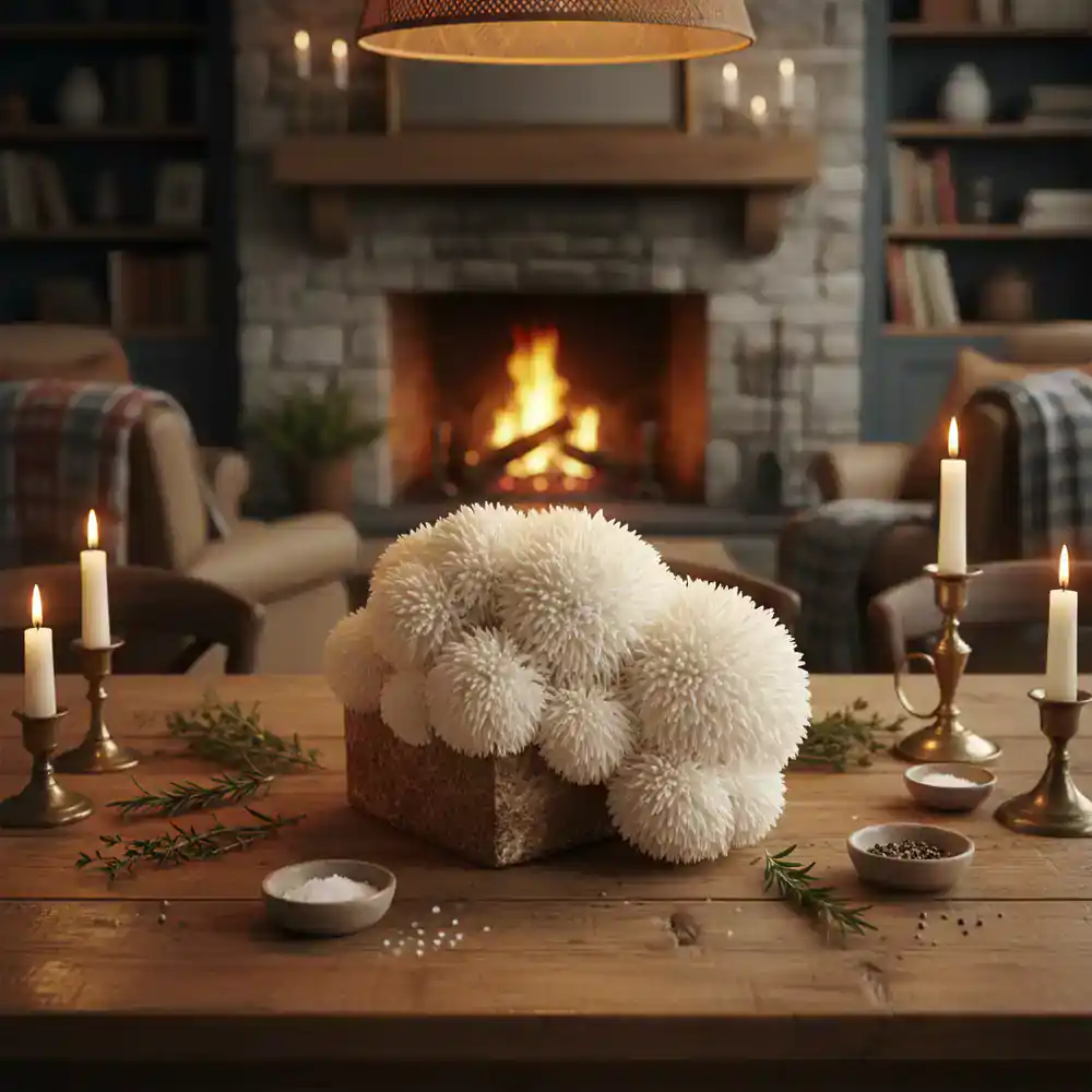 Lion's mane mushroom block on a dining table