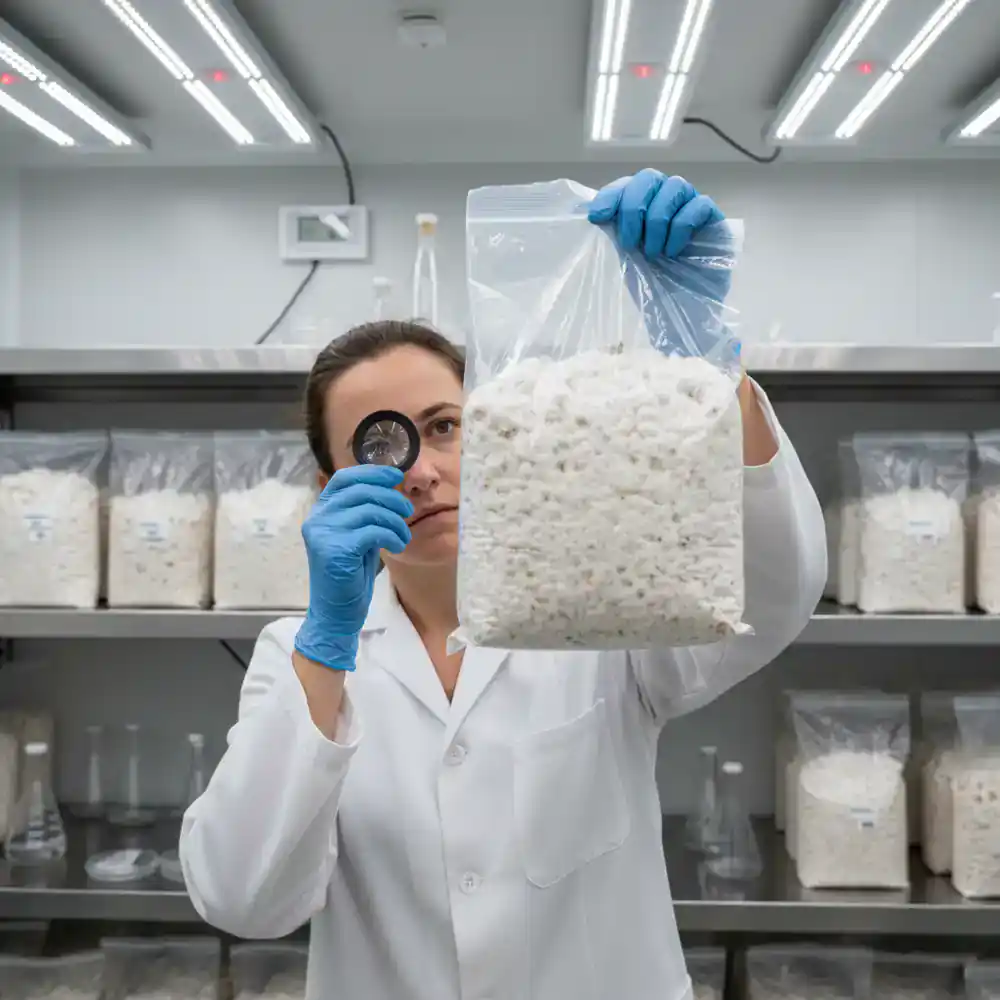 Mycologist inspecting a bag of mycelium