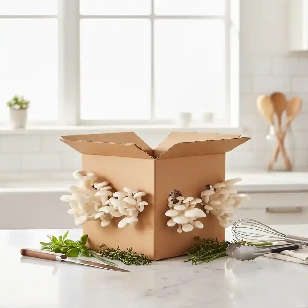 Thriving oyster mushroom grow kit in a kitchen