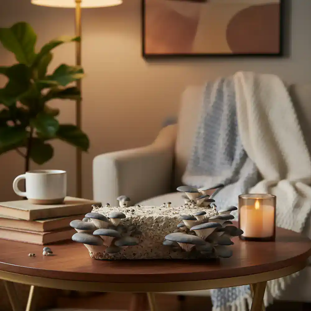 Blue oyster mushrooms growing on a coffee table
