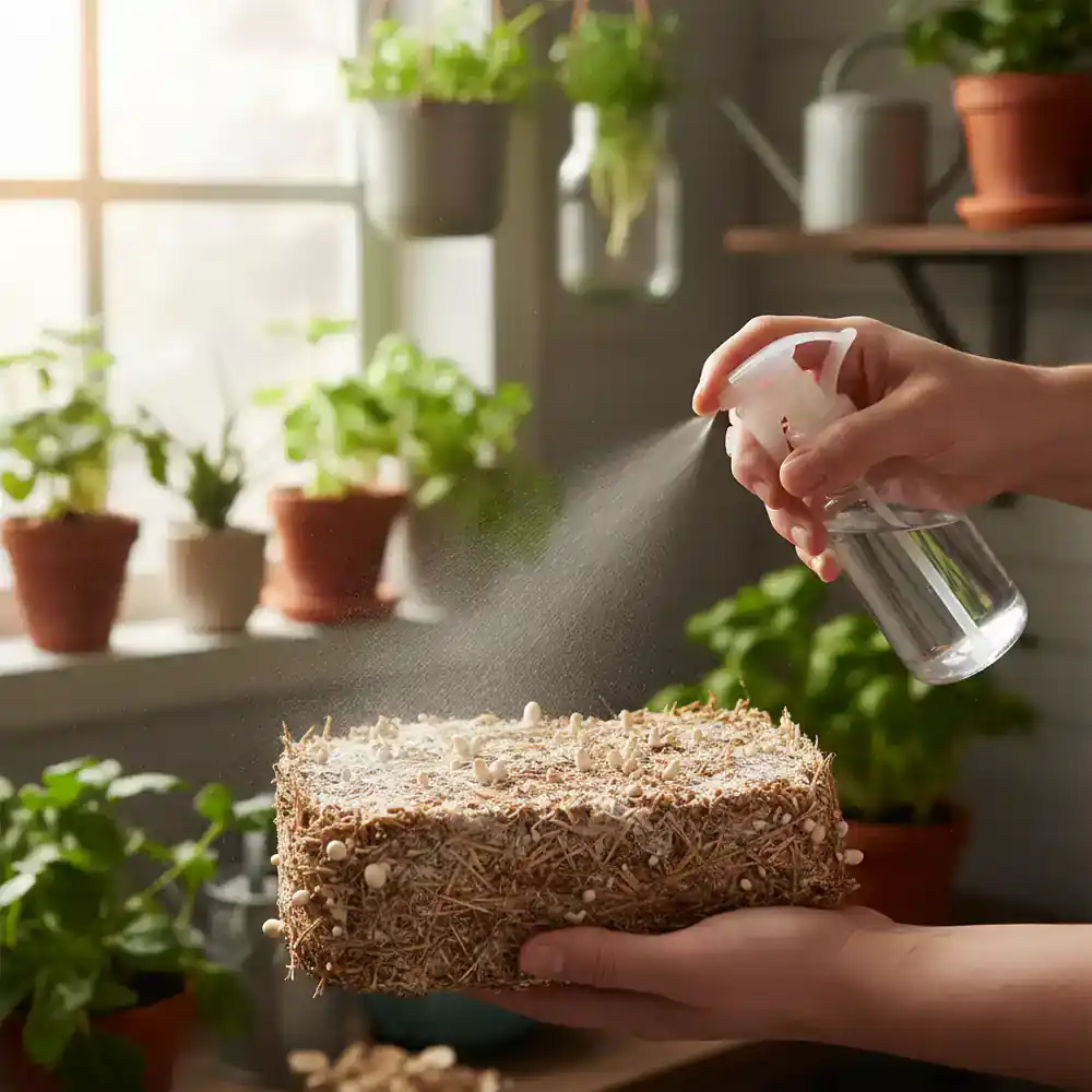 Hands misting a mushroom growing kit