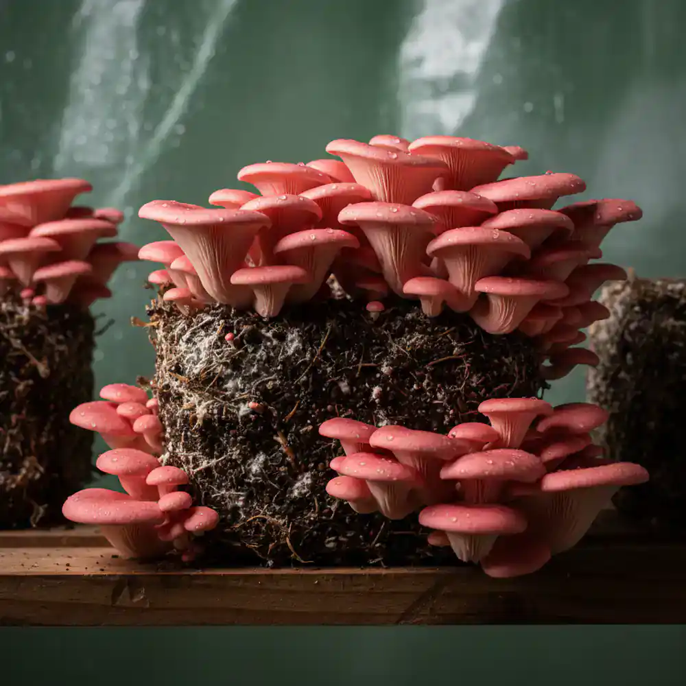 Fresh flush of pink oyster mushrooms