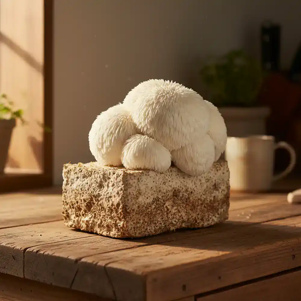 Lion's mane mushroom growing kit on a kitchen counter