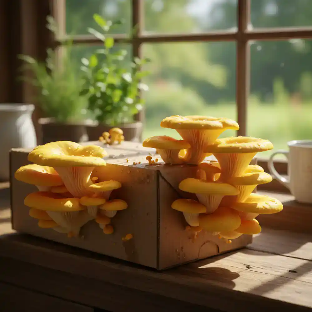 Yellow oyster mushroom grow kit on a counter
