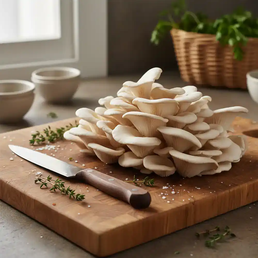 Harvested pearl oyster mushrooms on a cutting board