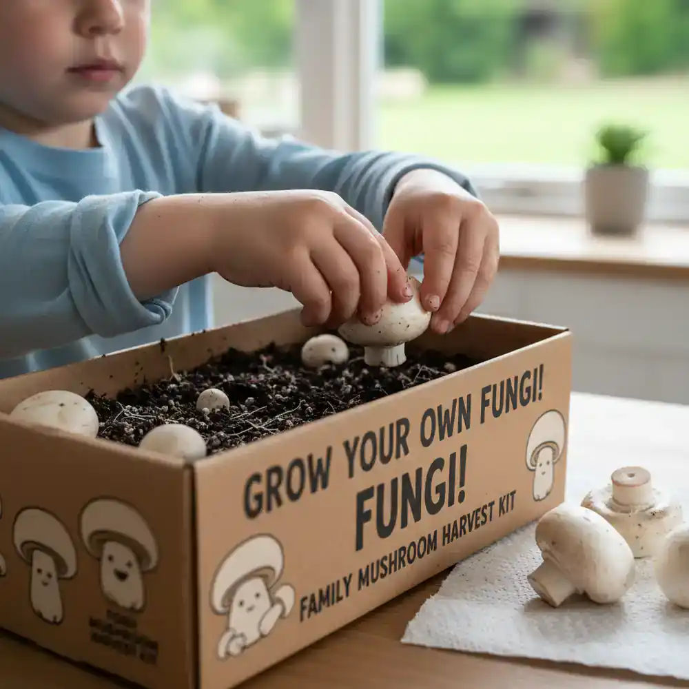 Picking a white button mushroom from a kit