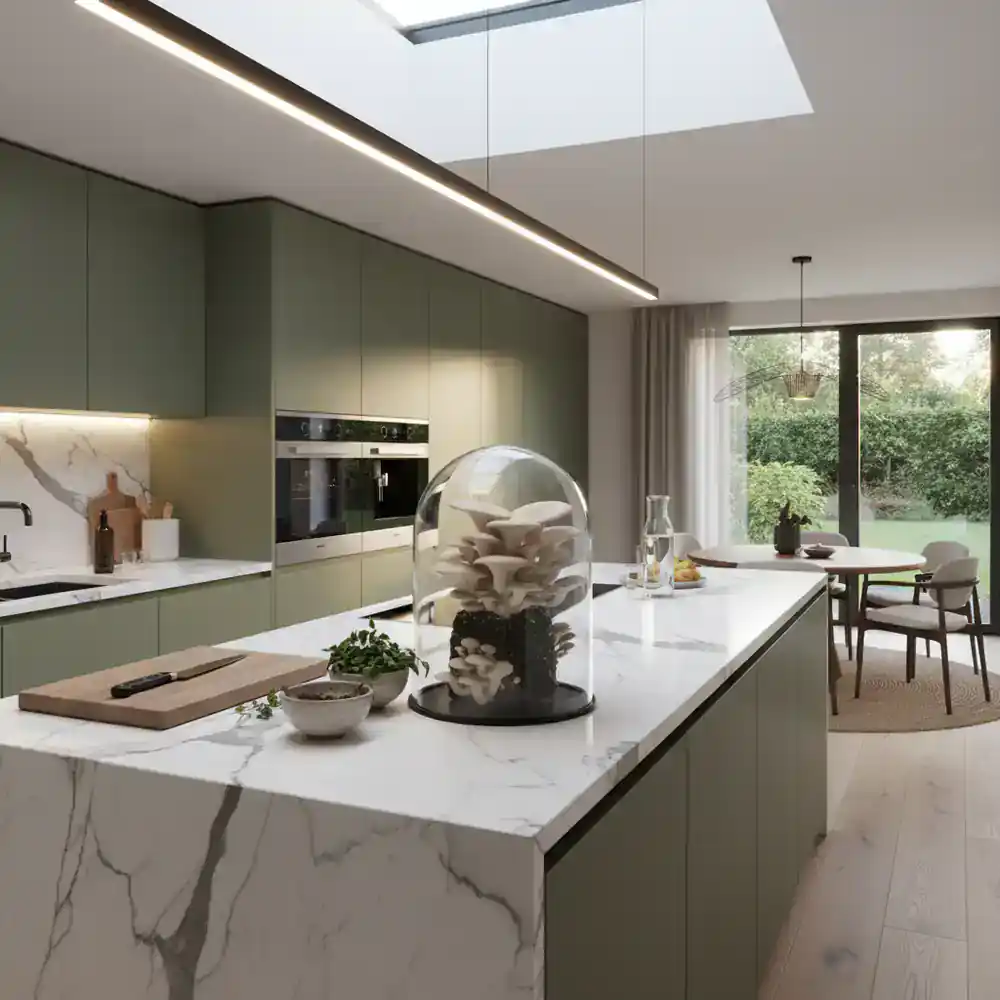 Flourishing oyster mushroom kit in a modern kitchen