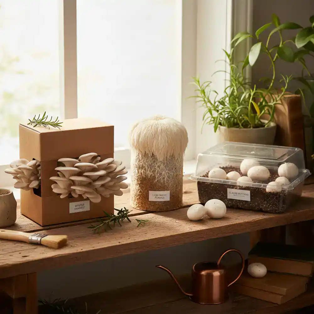 Assortment of different home mushroom grow kits